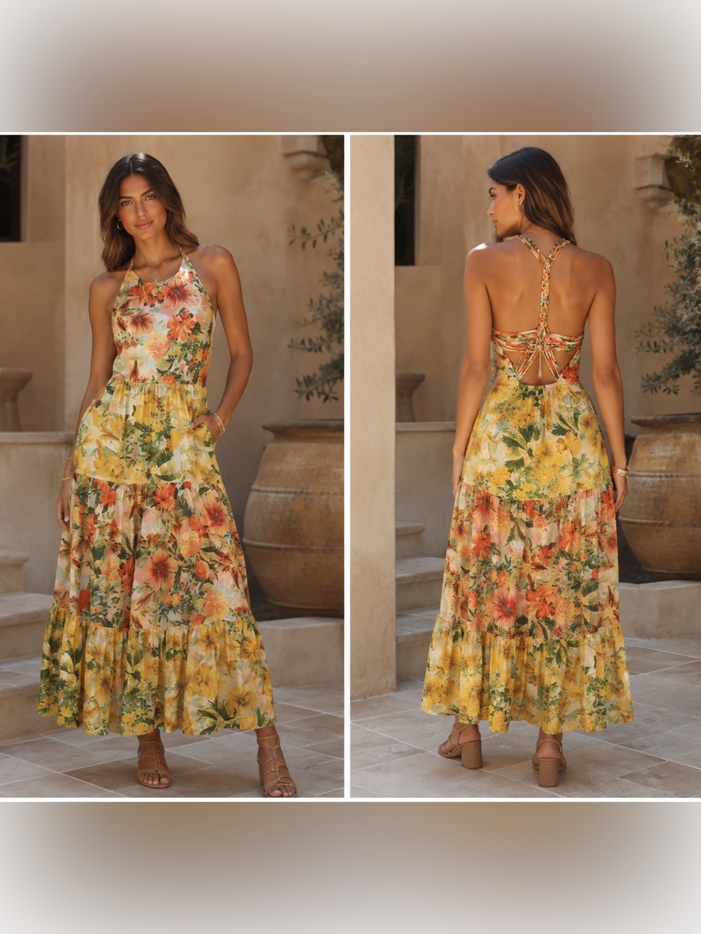 Pilcro Floral Tiered Maxi Dress - Yellow & Coral & Blue size medium